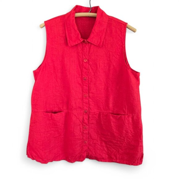 Considerate Of Others Tops - Womens Sleeveless Red Linen Button-Up Tunic Shirt With Pockets